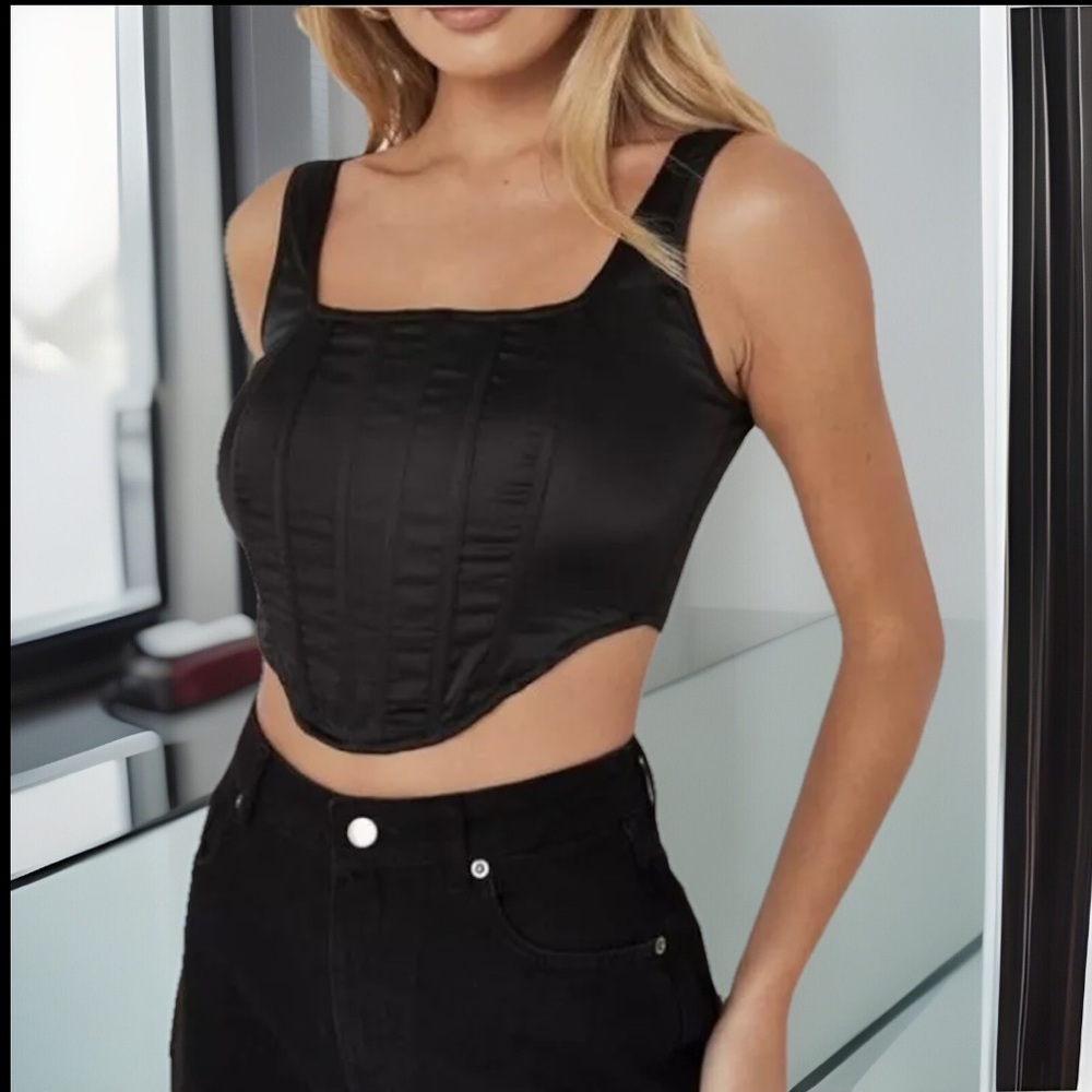 Black Satin Bustier A Structured Corset Front W/A Sexy Zip Up Crop Asymmetrical